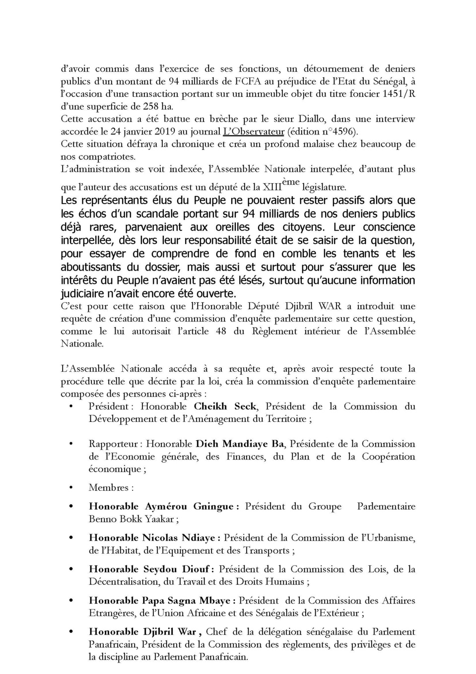 AFFAIRE DES 94 MILLIARDS : La Commission d'enquête parlementaire blanchit Mamour Diallo et enfonce Ousmane Sonko