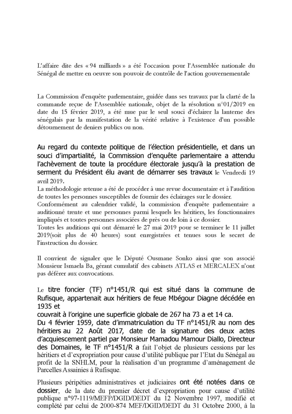 AFFAIRE DES 94 MILLIARDS : La Commission d'enquête parlementaire blanchit Mamour Diallo et enfonce Ousmane Sonko