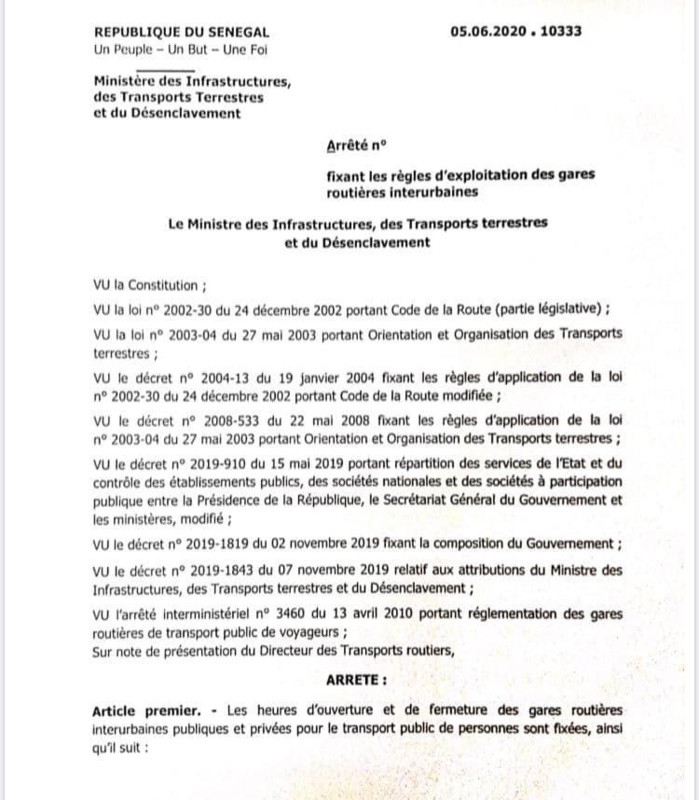 COVID-19 AU SÉNÉGAL : L’arrêté fixant les règles d’exploitation des gares routières interurbaines. (DOCUMENT)