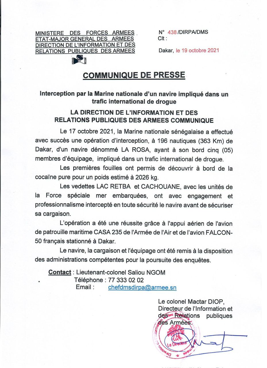 Trafic de drogue: La marine intercepte un navire avec 2026 kg de cocaïne