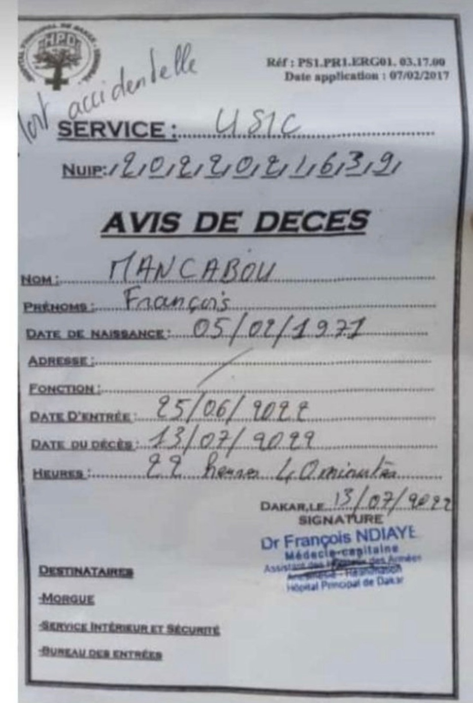 [Document] Décès de François Mancabou : L’hôpital Principal de Dakar établit la «mort accidentelle»