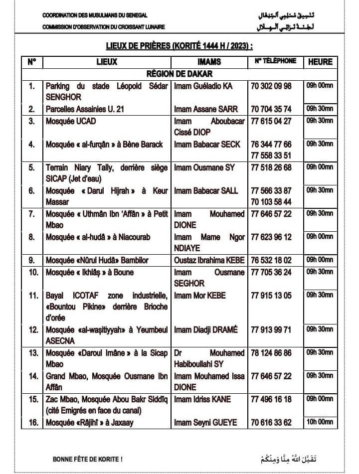 Korité 2023 : Voici les lieux de prière pour la célébration de ce vendredi