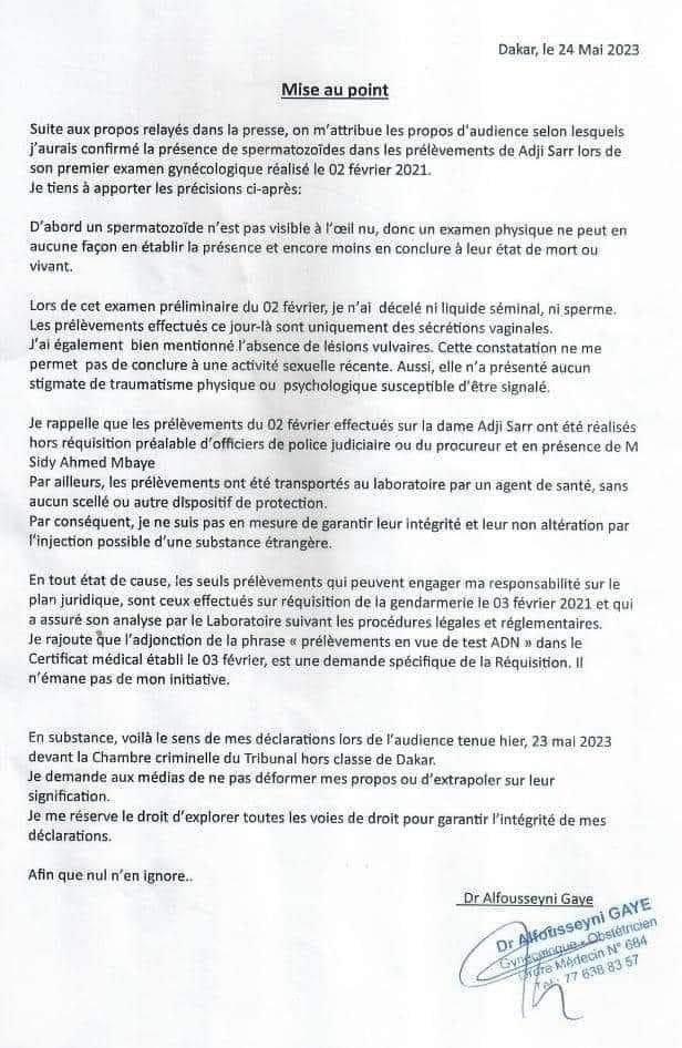 PERMATOZOÏDES RETROUVÉS DANS LE VAGIN DE ADJI SARR :La presse au banc des accusés, le Dr Alfousseyni Gaye dément la thèse relayée puis apporte des précisions