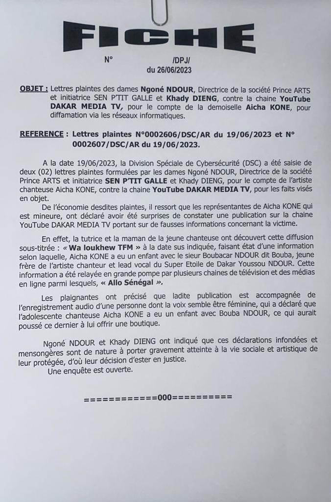 Plainte de Ngoné Ndour et Khady Dieng contre Dakar media Tv pour le compte de Aïcha Koné