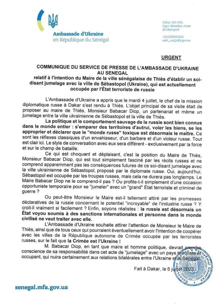 L’Ukraine agacée par une décision du maire de Thiès, Babacar Diop