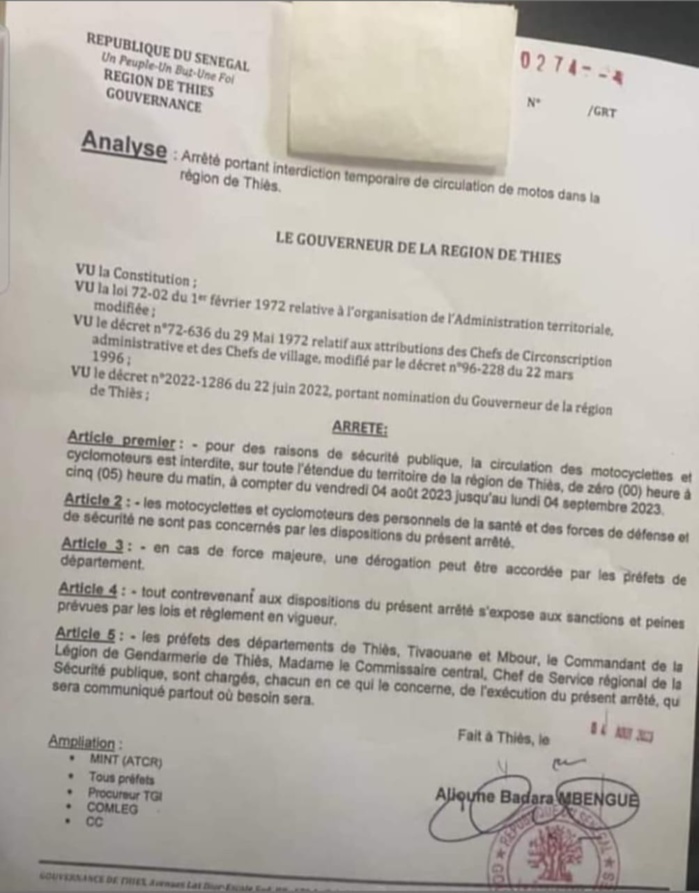 Région de Thiès: Le gouverneur interdit la circulation des motocyclettes et cyclomoteurs de zéro heure à 5 heures.