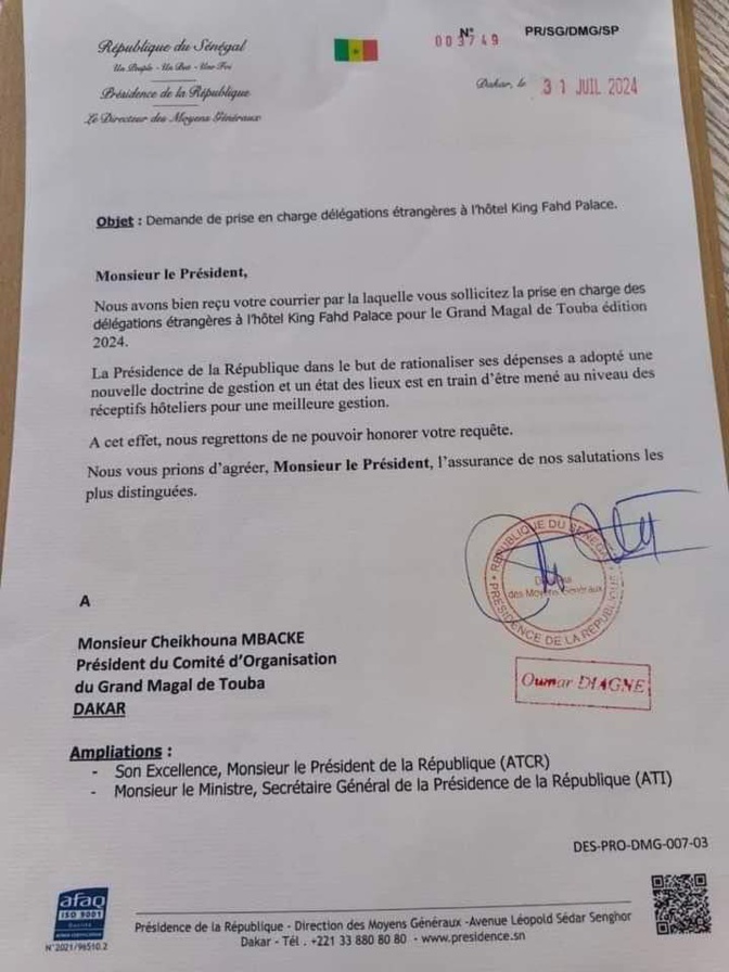 Actualités Prise en charge des délégations étrangères au King Fahad Palace: La présidence refuse la requête de la Commission d’organisation du Magal de Touba