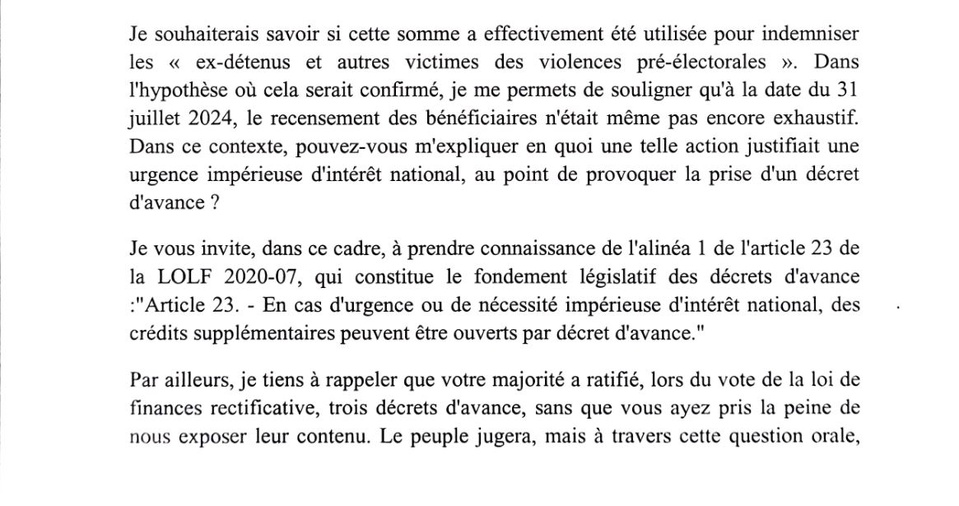  Le Député Abdou MBOW À Monsieur le Ministre des Finances et du Budget, Objet: Question écrite relative aux décrets d'avance