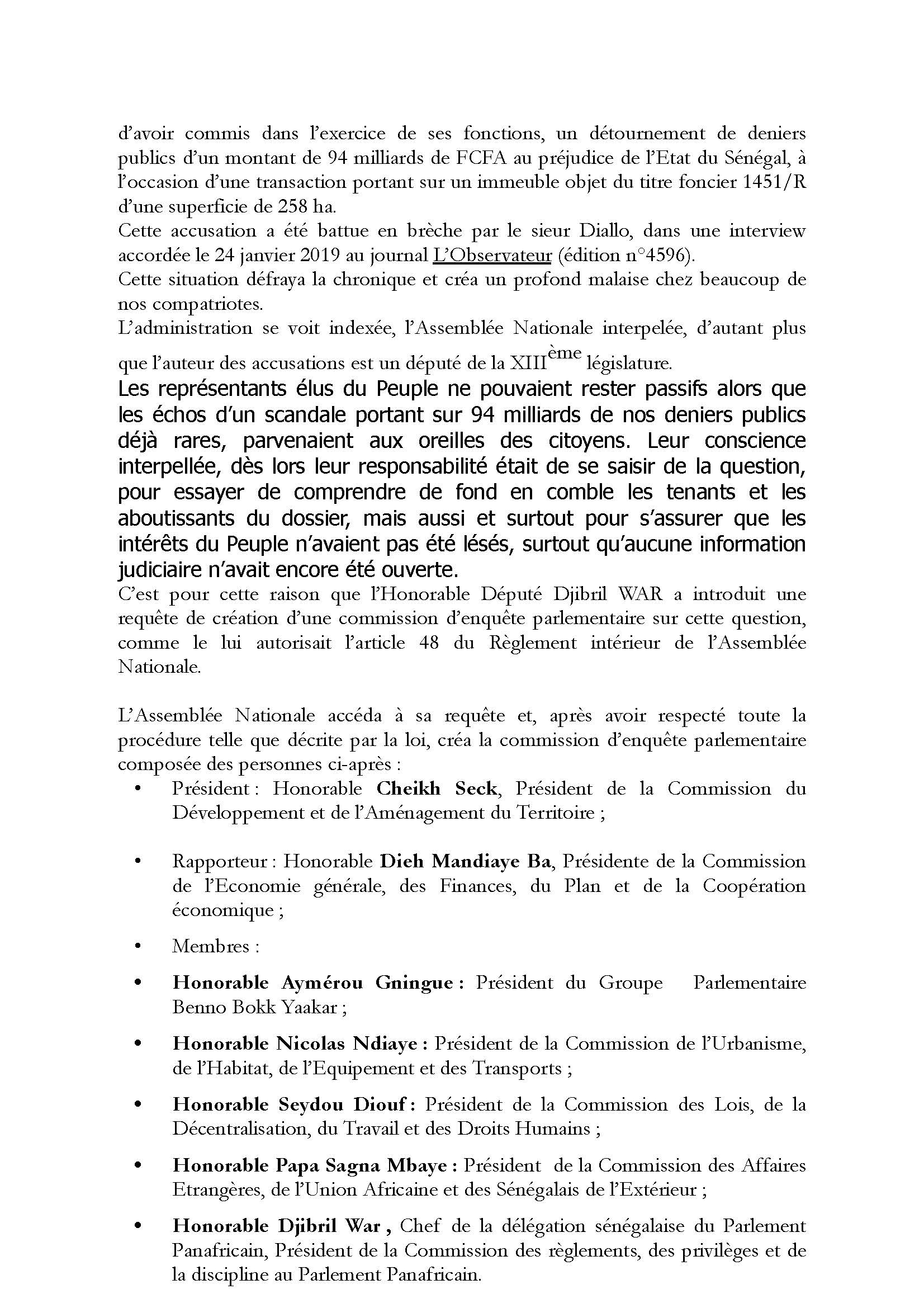 AFFAIRE DES 94 MILLIARDS : La Commission d'enquête parlementaire blanchit Mamour Diallo et enfonce Ousmane Sonko