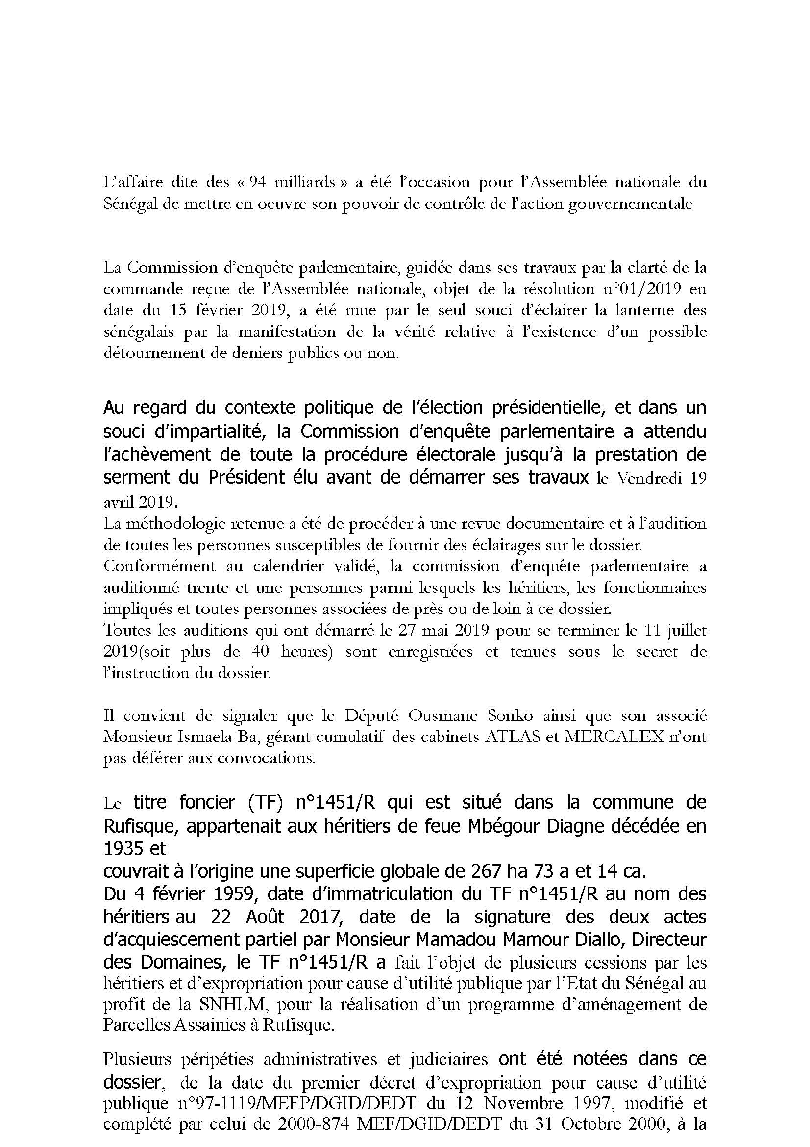 AFFAIRE DES 94 MILLIARDS : La Commission d'enquête parlementaire blanchit Mamour Diallo et enfonce Ousmane Sonko