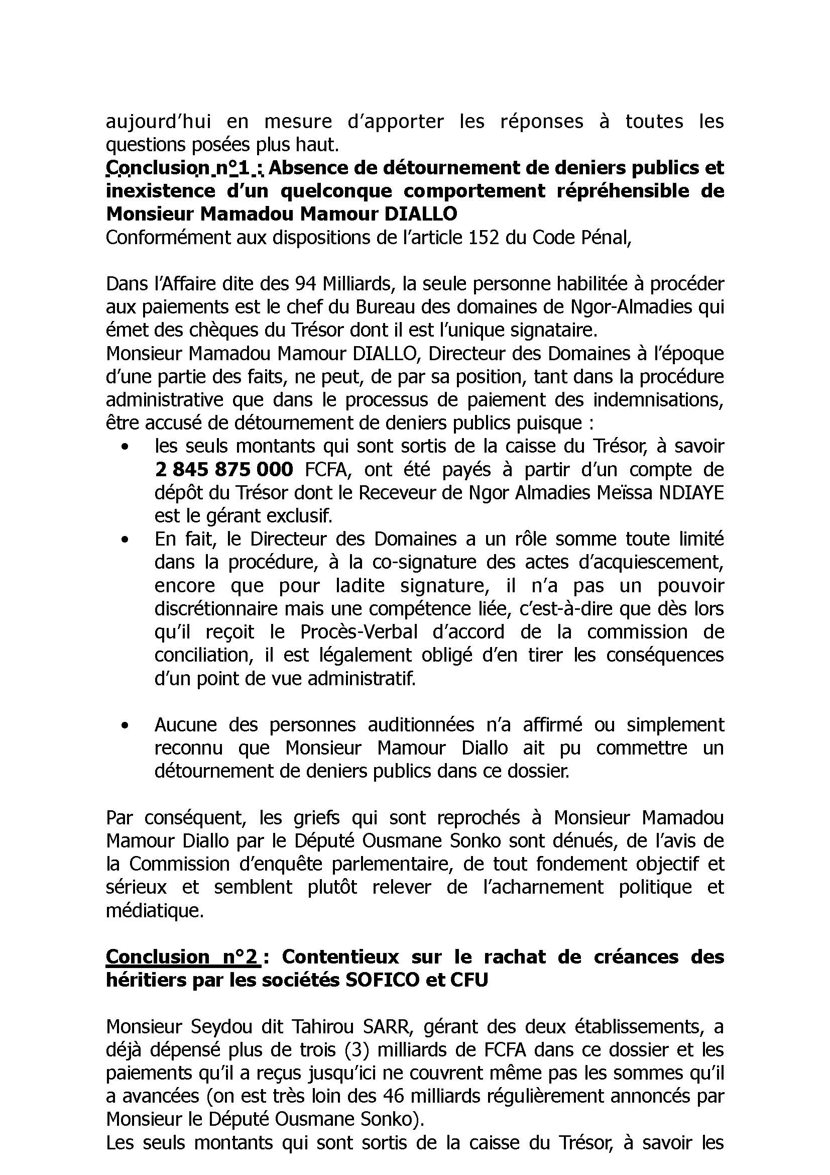 AFFAIRE DES 94 MILLIARDS : La Commission d'enquête parlementaire blanchit Mamour Diallo et enfonce Ousmane Sonko