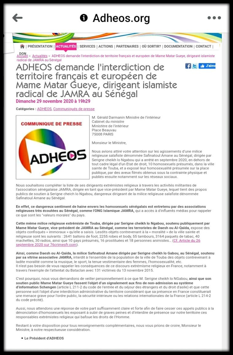 ADHEOS ECRIT AU MINISTRE DE L’INTERIEUR FRANÇAIS Les pédés de France demandent à leur ministre de l’Intérieur d’interdire le Khalife général des Tidianes, celui de Thiénaba, le président de l’Association islamique du Sénégal le territoire français et