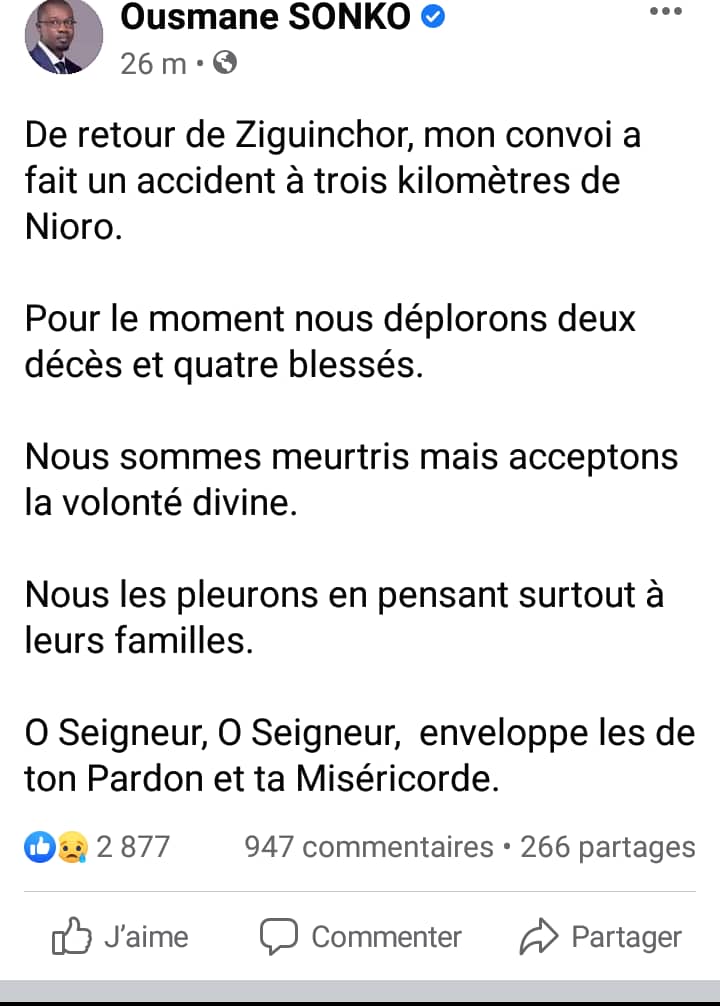 Accident dans le cortège de Sonko : 2 décès et 4 blessés dénombrés