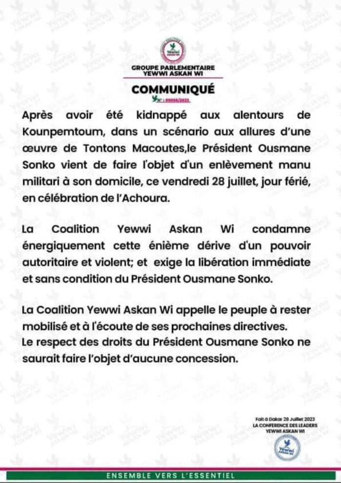  Ousmane Sonko arrêté: Le bureau politique du Pastef appelle à la résistance pour exiger la libération de son leader