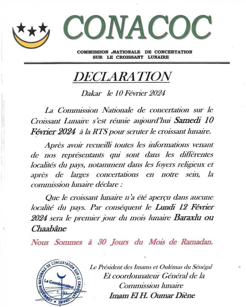 Mois lunaire Chaabâne inaperçu au Sénégal : La CONACOC annonce la date du Ramadan