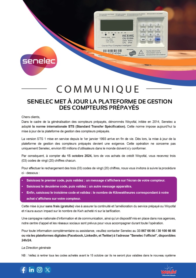 Senelec annonce un changement important concernant les compteurs Woyofal