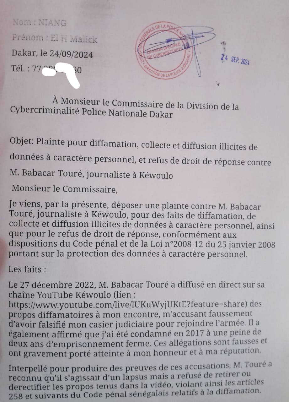 Un ex-gendarme porte plainte contre le journaliste Babacar Touré de Kewoulo