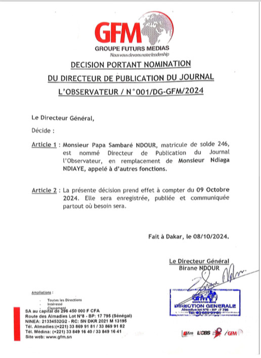 Pape Sambaré Ndour, nouveau Directeur de Publication de L'Observateur