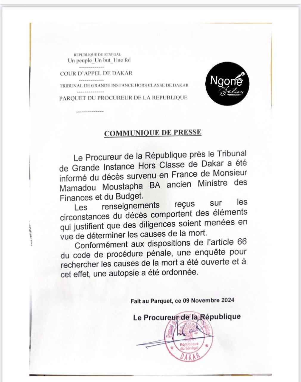 Décès de Mamadou Moustapha Ba : Le Procureur fait état "d'éléments" qui justifient l'ouverture d'une enquête