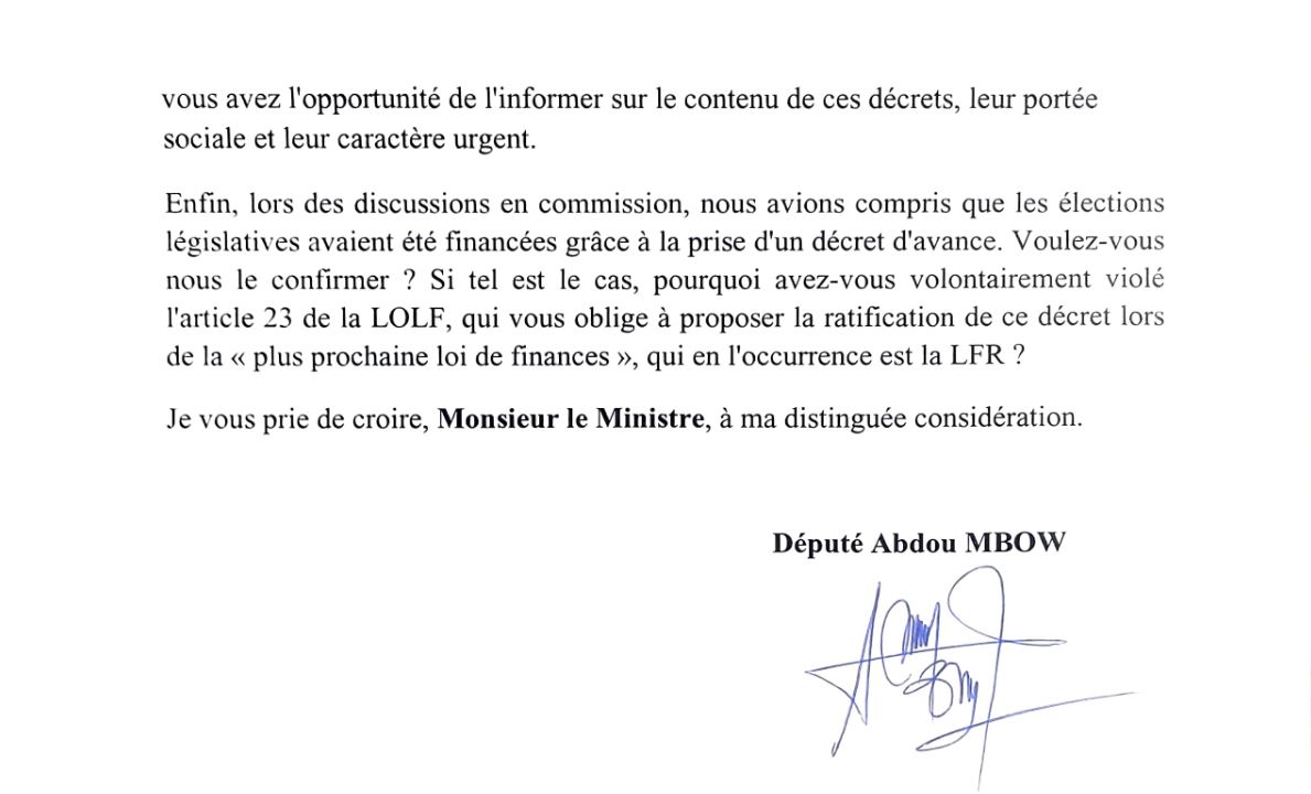  Le Député Abdou MBOW À Monsieur le Ministre des Finances et du Budget, Objet: Question écrite relative aux décrets d'avance